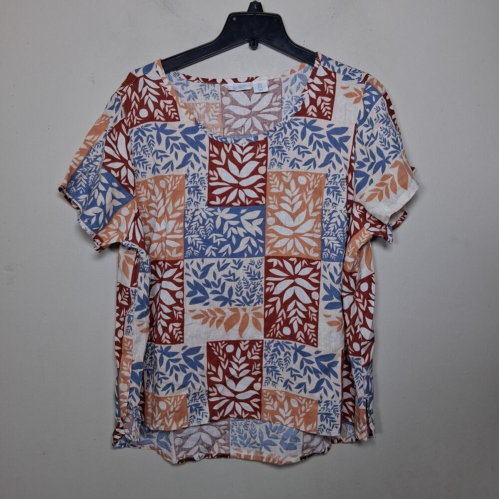 Sigrid Olsen 100% Linen Patchwork Floral Top Blue Rust NWOT 1X